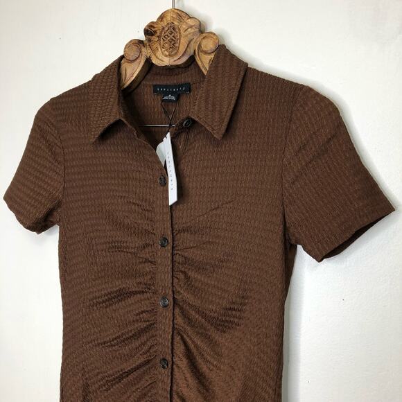 Sanctuary Dress Brown Collar Button Up Shirt Ruched Mini Short Sleeve Medium NEW - Picture 5 of 7